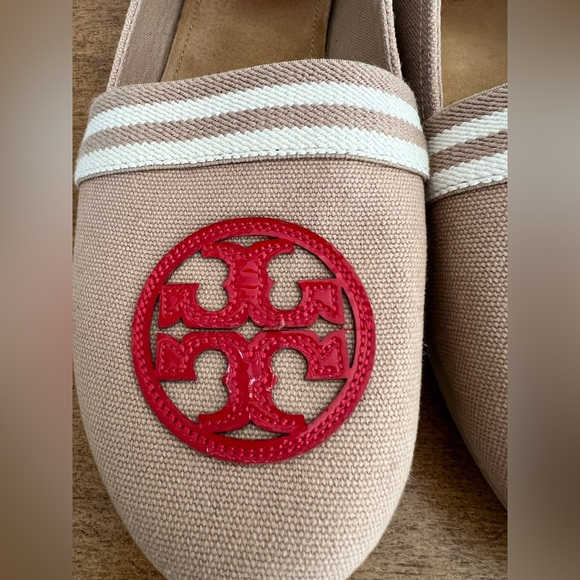 Tory Burch Canvas Beige Red Slip On Shoes 9 - Picture 3 of 8
